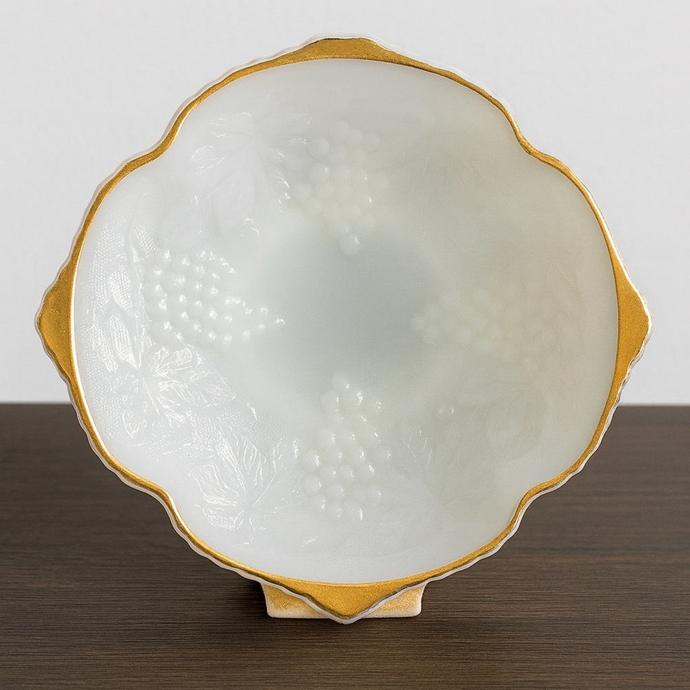 Vintage Milk Glass Bowl with Grape Relief & Gold Trim